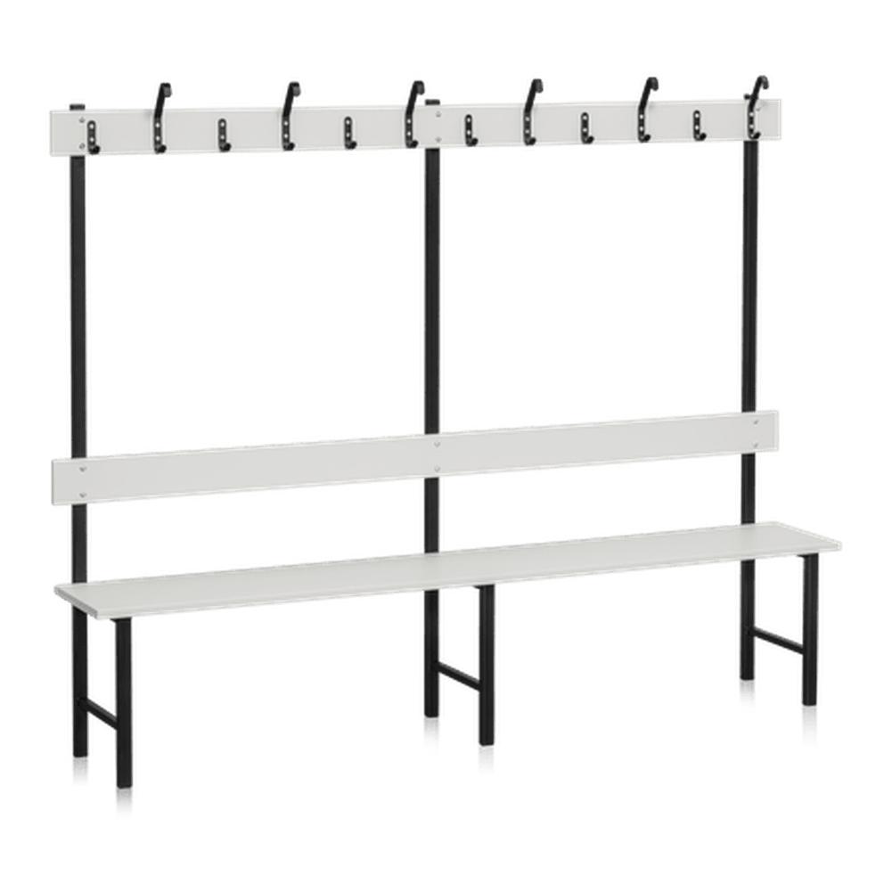 Sittbänk Enkelsektion 1000-2000 mm Ljusgrå med ljusgrå laminat, ryggbräda och kroklist för omklädningsrum.