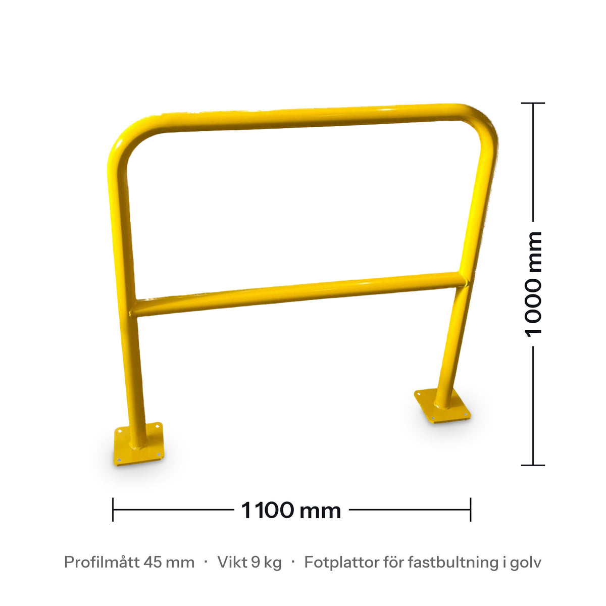 Måttbild gult skyddsräcke: höjd 1 000 mm, längd 1 100 mm, profilmått 45 mm, vikt 9 kg